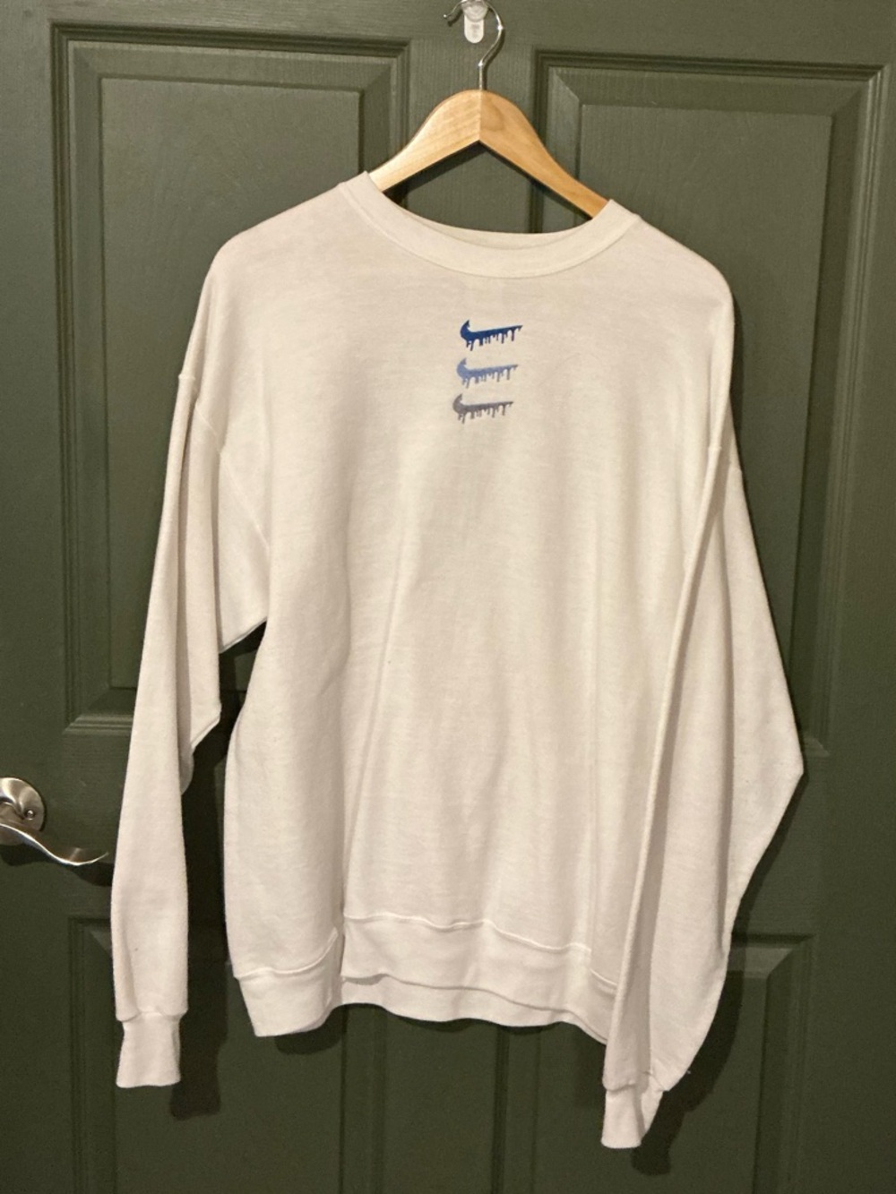 White Crewneck Sweatshirt with Blue Drip Swoosh